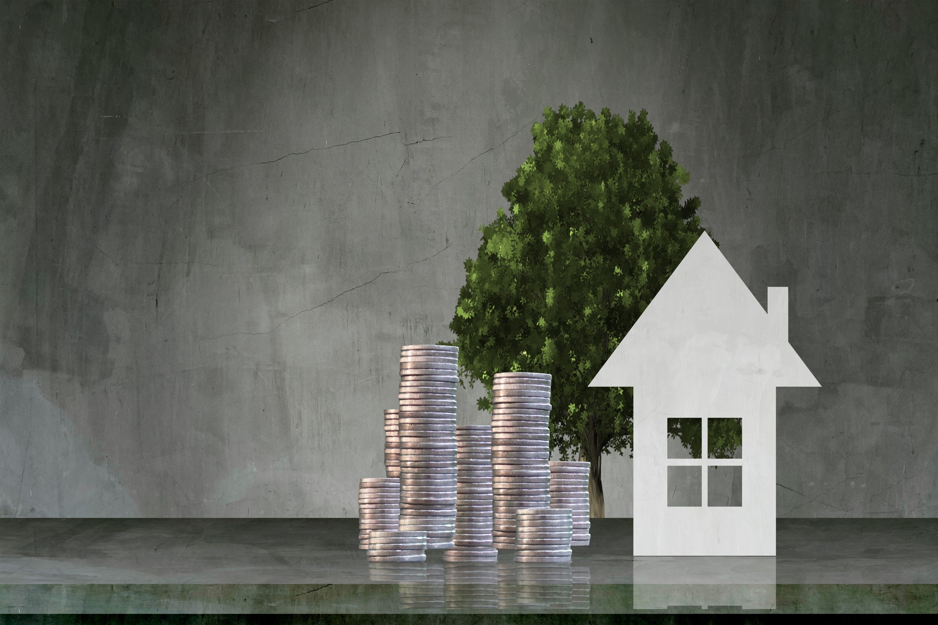 Coins placed together with the house. The concept of real estate and business growth, saving for buying a house.